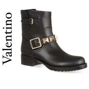 Valentino Rock Stud Black Gold Leather Moto Combat Biker Ankle Booties Boots